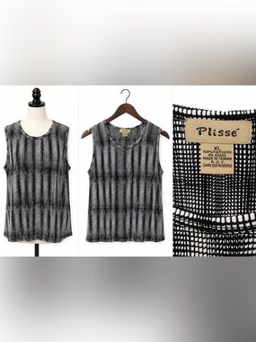 Plissé Black & White Abstract Print Sleeveless Top XL